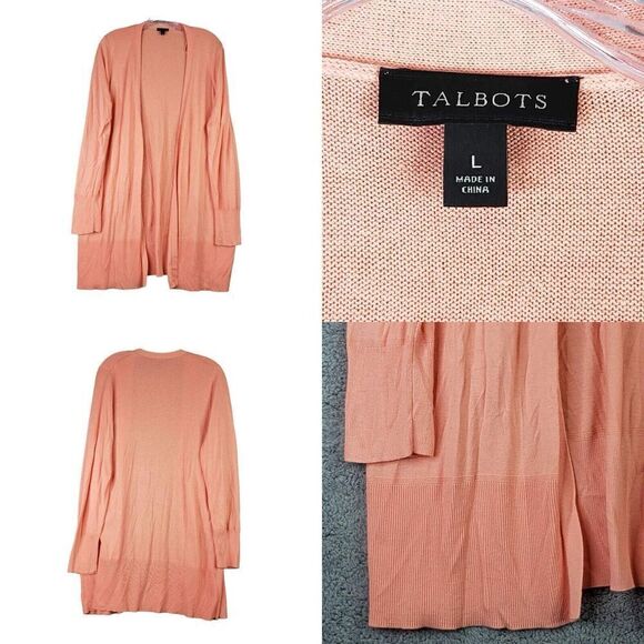 Talbots Cardigan Sweater Peachy Pink Womens Size L Large Long Open Front Cotton - Picture 1 of 10